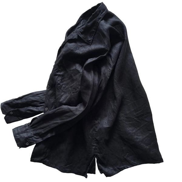 Salvatore Piccolo "Black Linen Open Collar Shirt" made in Italy