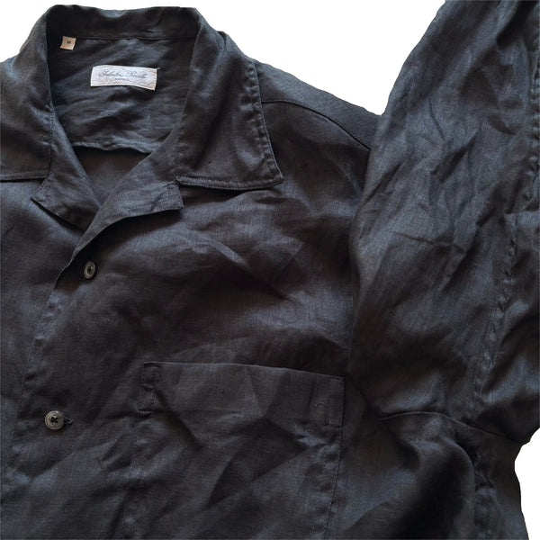 Salvatore Piccolo "Black Linen Open Collar Shirt" made in Italy